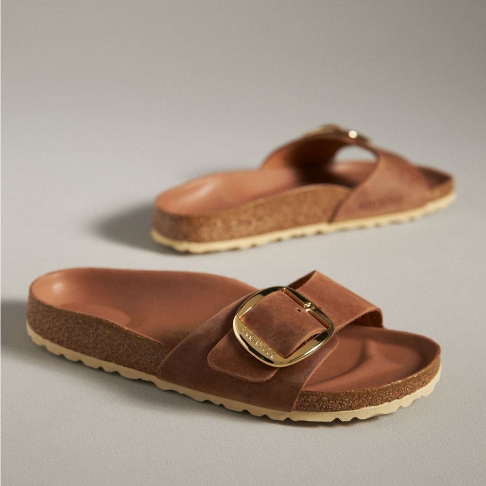 Birkenstock Madrid Big Buckle Slide Brown leather w gold buckle and cork footbed